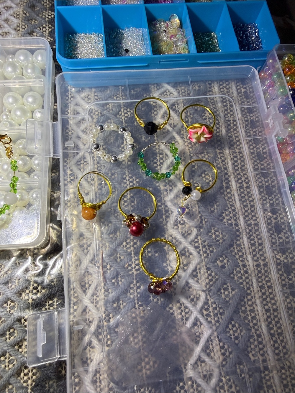 8 Handmade Gold-Tone Mixed Bead Rings - Assorted Colors different sizes